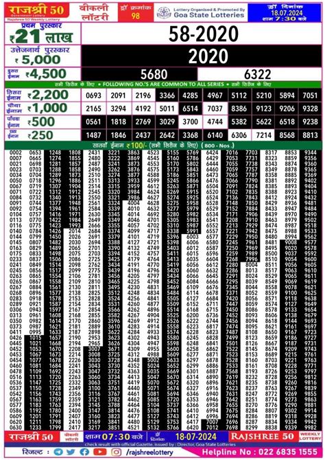 RAJSHREE 50 GURU WEEKLY LOTTERY Dated 4 JULY 2024, .